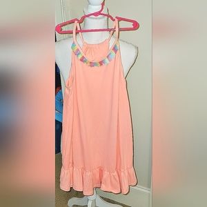 Coral sleeveless sundress with neon fringes on neckline size 10/12 NWT